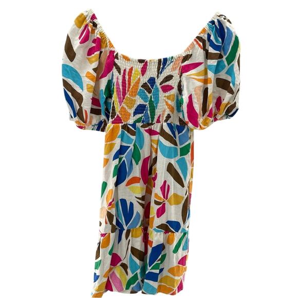 Tabitha Brown Linen Blend Botanical Smocked Puff Sleeve Tiered Dress Size Medium - Picture 12 of 14